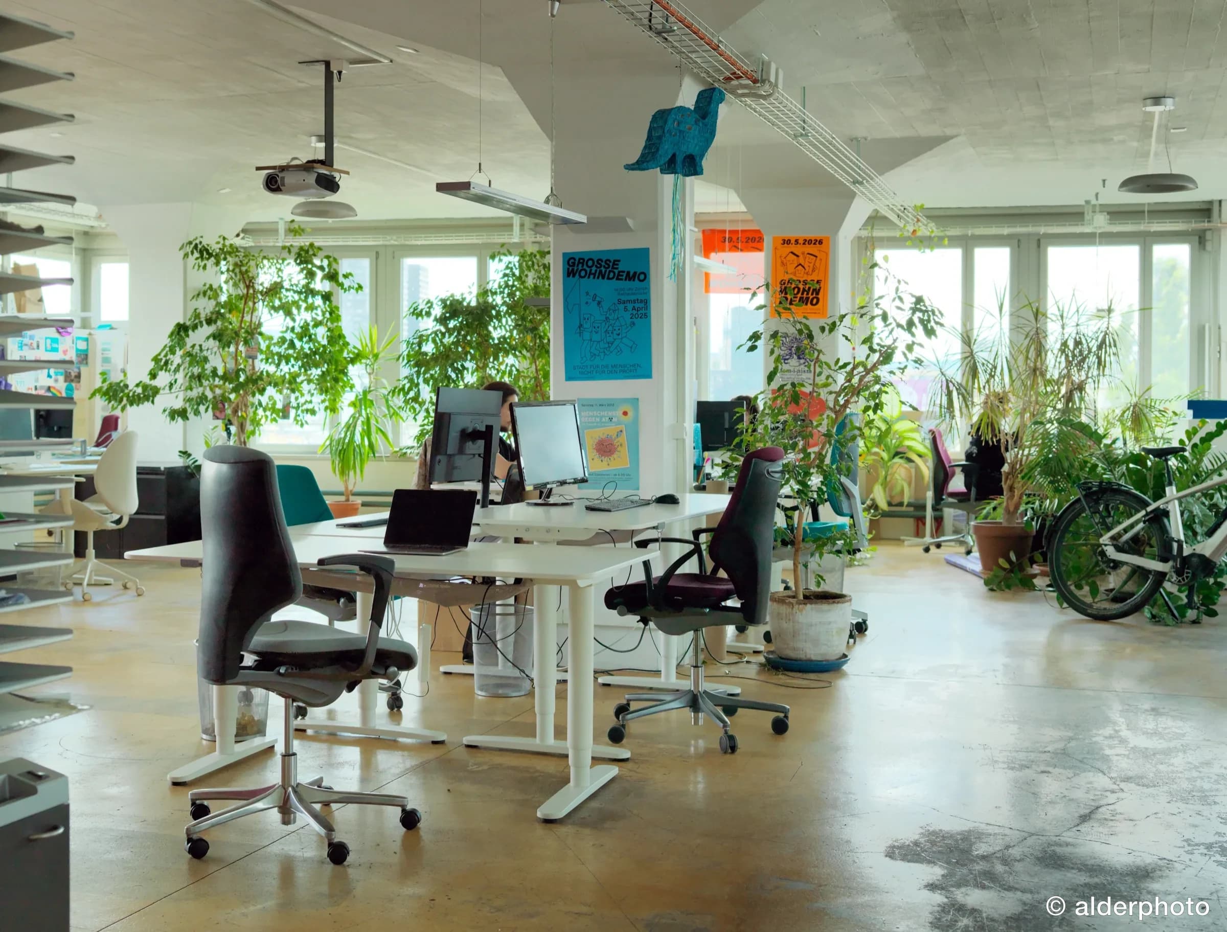 Creative corner with posters and a bike